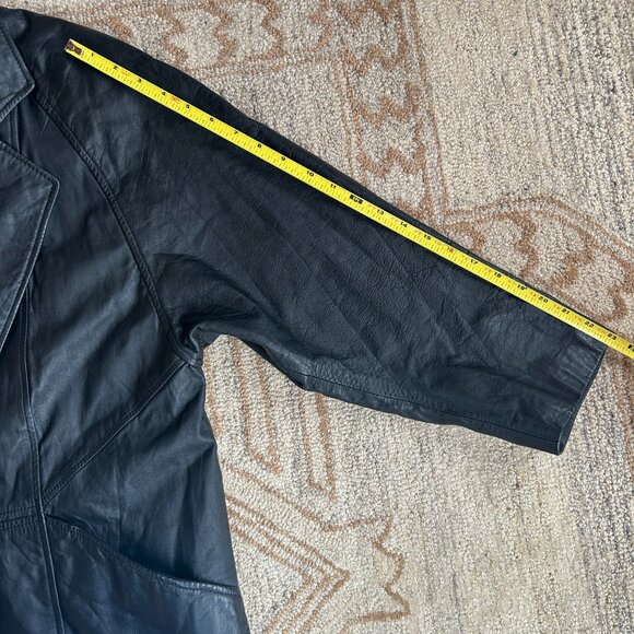 Vintage 90s Matrix Grunge Trench Coat Genuine Leather Black Oversized Women's M - Picture 14 of 16